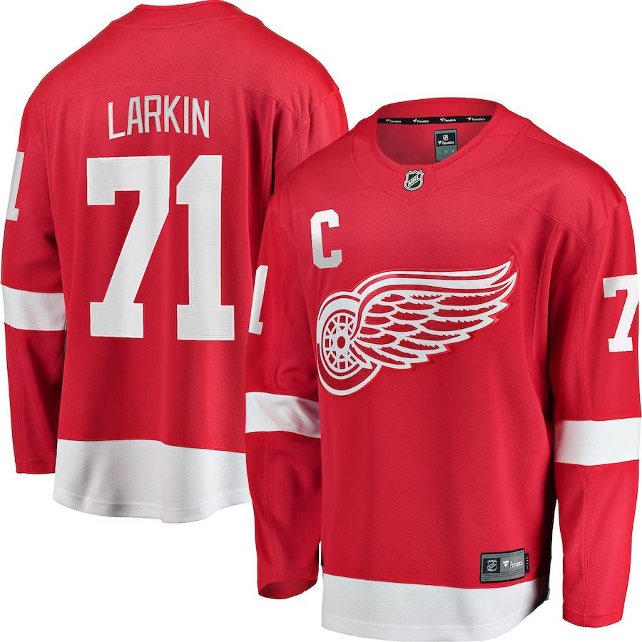 Men Detroit Red Wings 71 Dylan Larkin Fanatics Branded Red Home Captain Premier Breakaway Player NHL Jersey